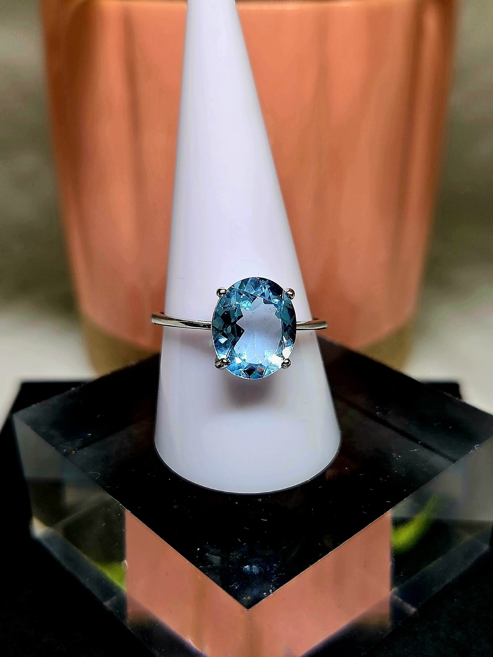 Silver-tone Aquamarine CZ Oval Ring